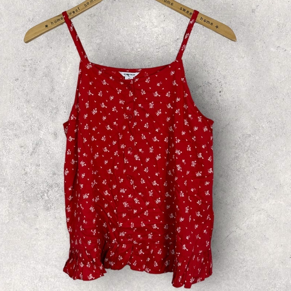 NEW Nordstrom Girls Red Printed Tank Top Ruffle‎ Hem Button Front Bohemian XL